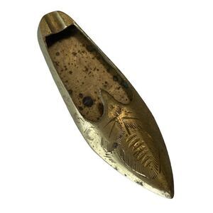 Vintage Small Brass Slipper Shoe Ashtray Etched Leaves 5.5”